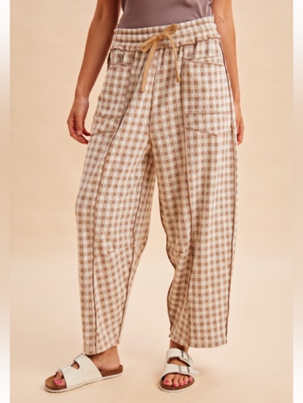 Latte Gingham Barrel Fit Knit Pants